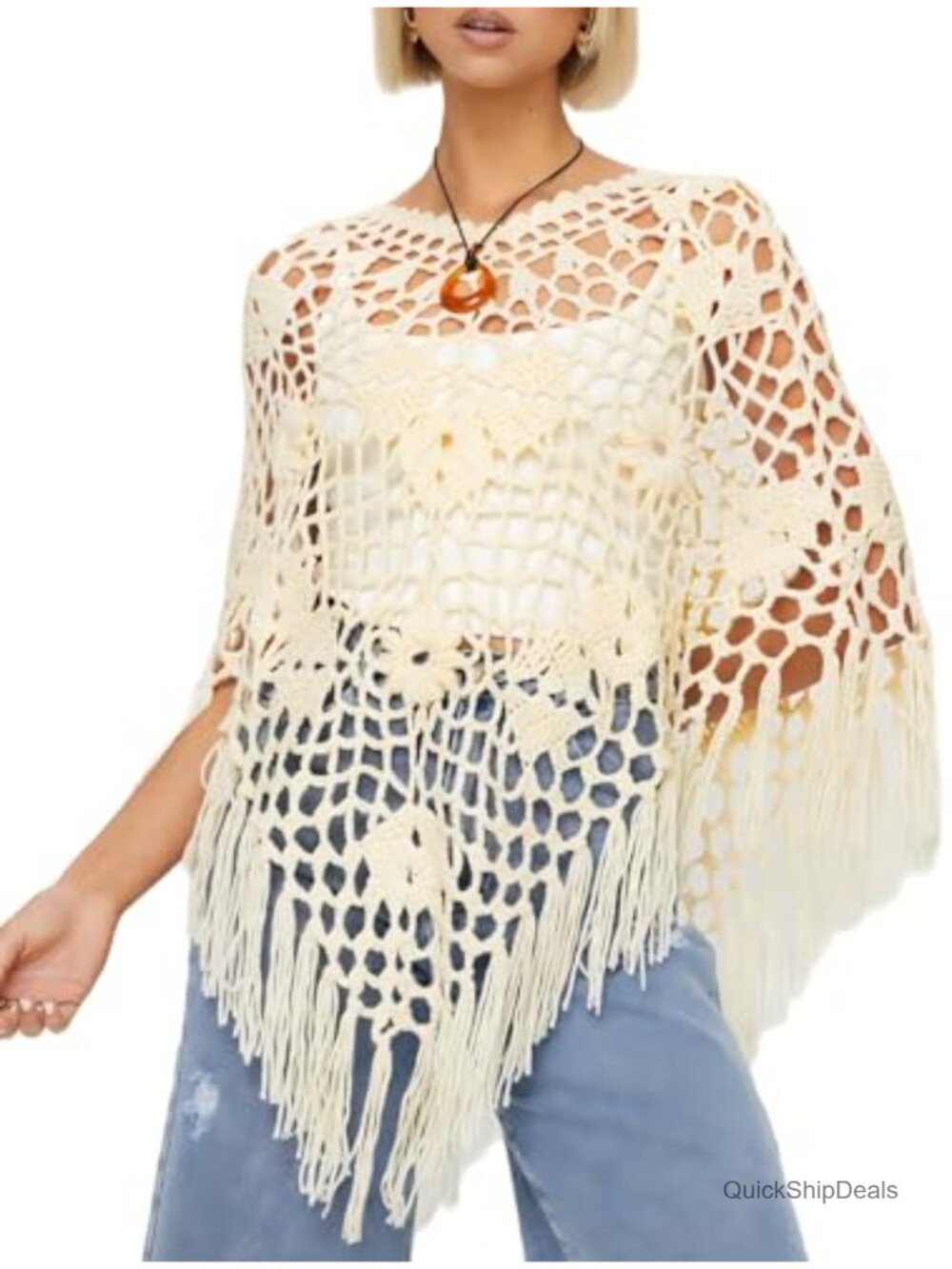 Womens Boho Fringe Poncho Crochet Hollow Out Knit Asymmetrical See Through